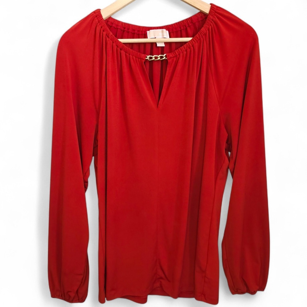 Michael Kors Top Large Brick Red Keyhole‎ Neck Blouse Long Sleeve Stretch Casual